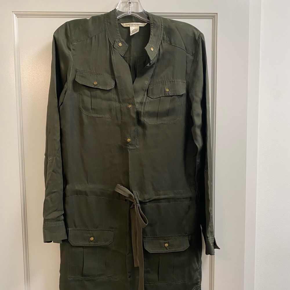 Diane Von Furstenberg DVF army green mini shirt dress